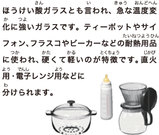 ほうけい酸ガラスとも言われ、急な温度変化に強いガラスです。ティーポットやサイフォン、フラスコやビーカーなどの耐熱用品に使われ、硬くて軽いのが特徴です。直火用 ・電子レンジ用などに分けられます。