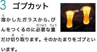 3　ゴブカット　溶かしたガラスから、びんをつくるのに必要な量だけ切り取ります。そのかたまりをゴブといいます。